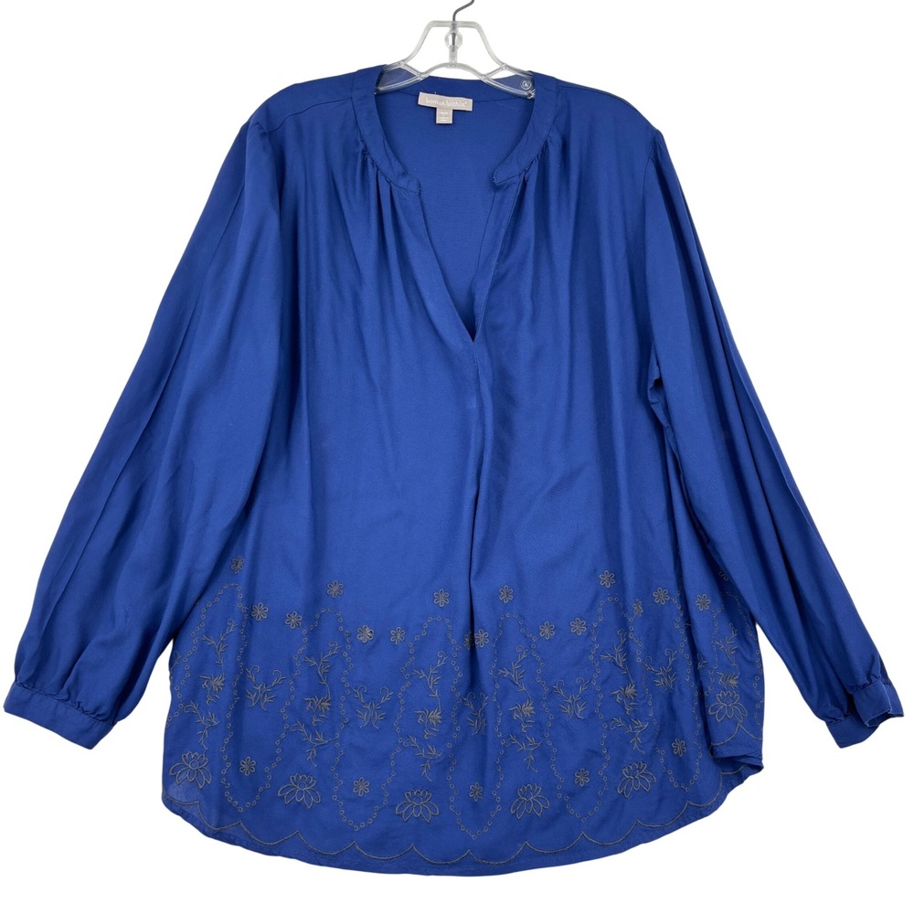 Woman Within Tunic Blouse Top Embroidered Scallop Hem Blue Size 18/20 L V Neck